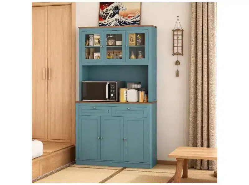 Okak Farmhouse Storage Kitchen Pantry Cabinet with 6 Doors & Microwave Stand,Accent Hutch Cabinet Bookcase for Living Room,Kitchen