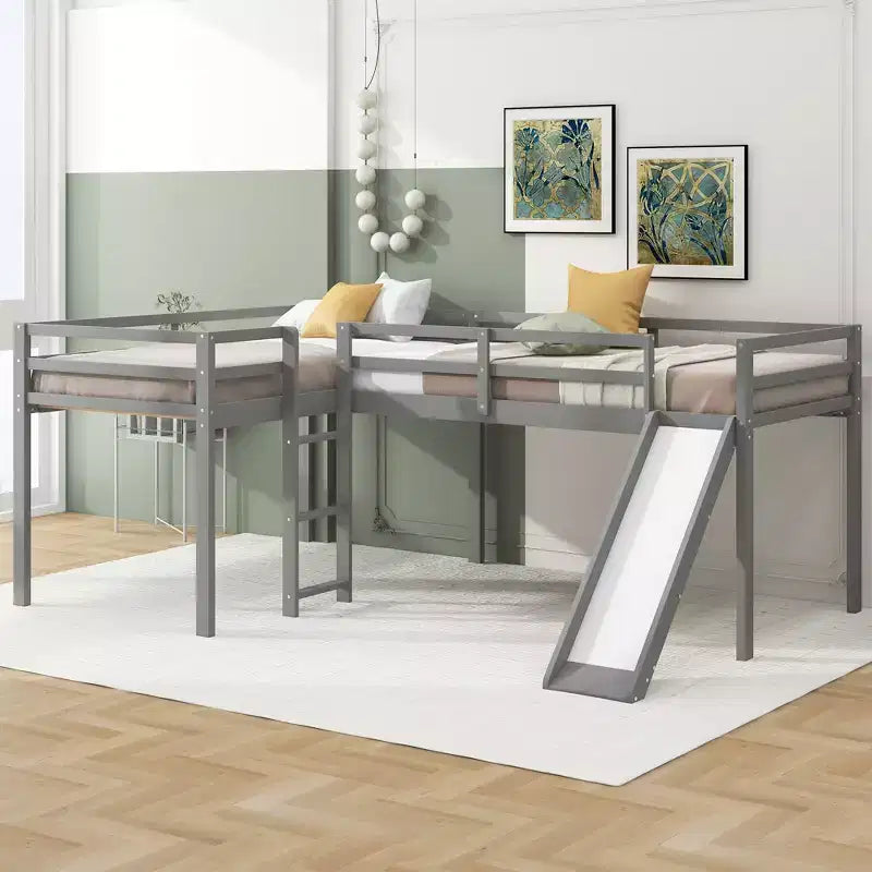 Whisen 118.2Lx77.8W Wood L-Shaped Twin Size Loft Bed with Ladder and Slide, Space-Saving Design