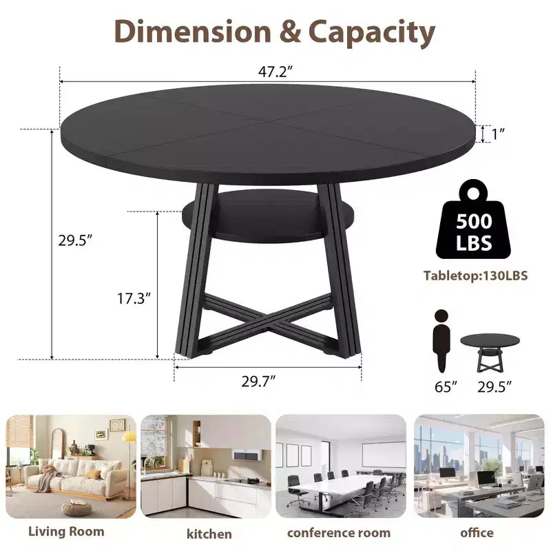 Round Dining Table for 4-6, 47.2 in Farmhouse Kitchen Table with Storage, Circle Dinner Tables for Kitchen, Dining Room, Living Room, Meeting Room