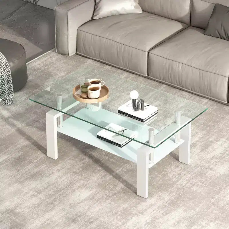 Tempered Glass Coffee Table with Metal Frame, 2-Tier Rectangular Center Table for Living Room