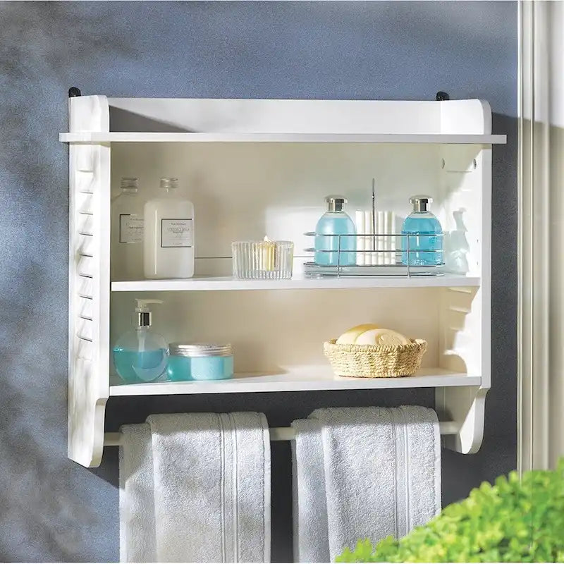 Wall Mounted Wooden Shelving with Towel Bar - White