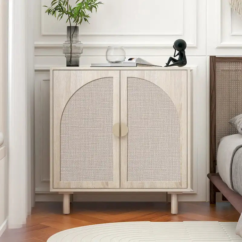 2-Door Wood Storage Cabinet with Rattan Doors and Adjustable Shelves for Bedroom and Living Room