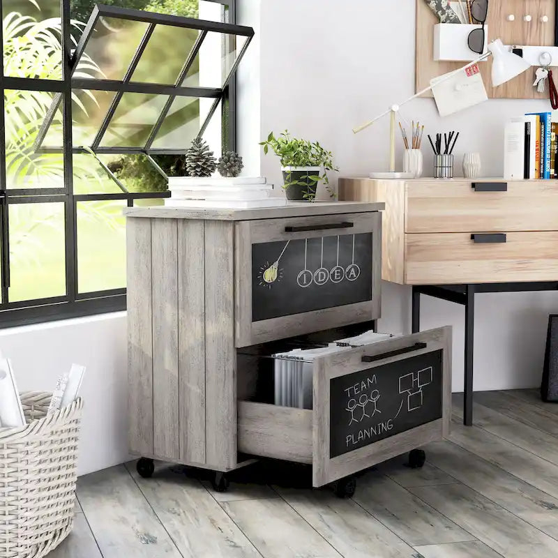 Rustic Grey Oak 2-Drawer File Cabinet with Caster Wheels