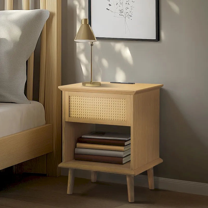 Rattan Accent Side Table with Drawer Storage, Charging Station, & LED Touch Light - 15.25x23.75