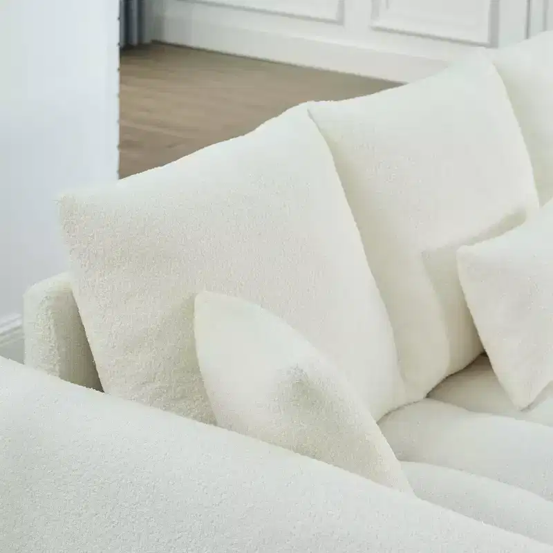3-seater Upholstered Sofa Couch, Teddy Fabric Sofa with 3 Back Pillows