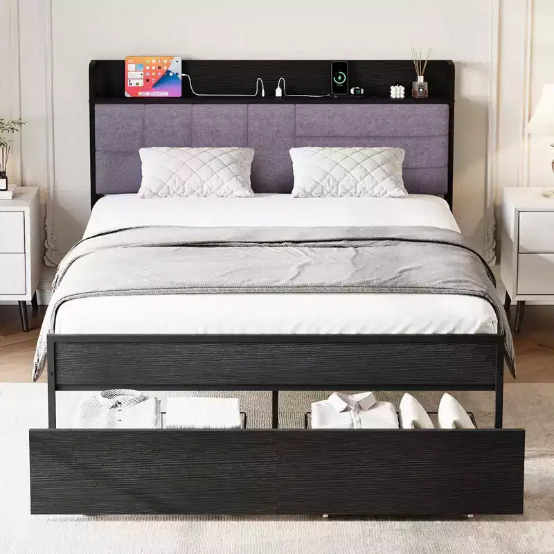 Full Bed Frame with Headboard, Black Platform Bed Frame with Storage, Heavy Duty Bed Frames with 2 Storage Drawers,No Box Spring Needed