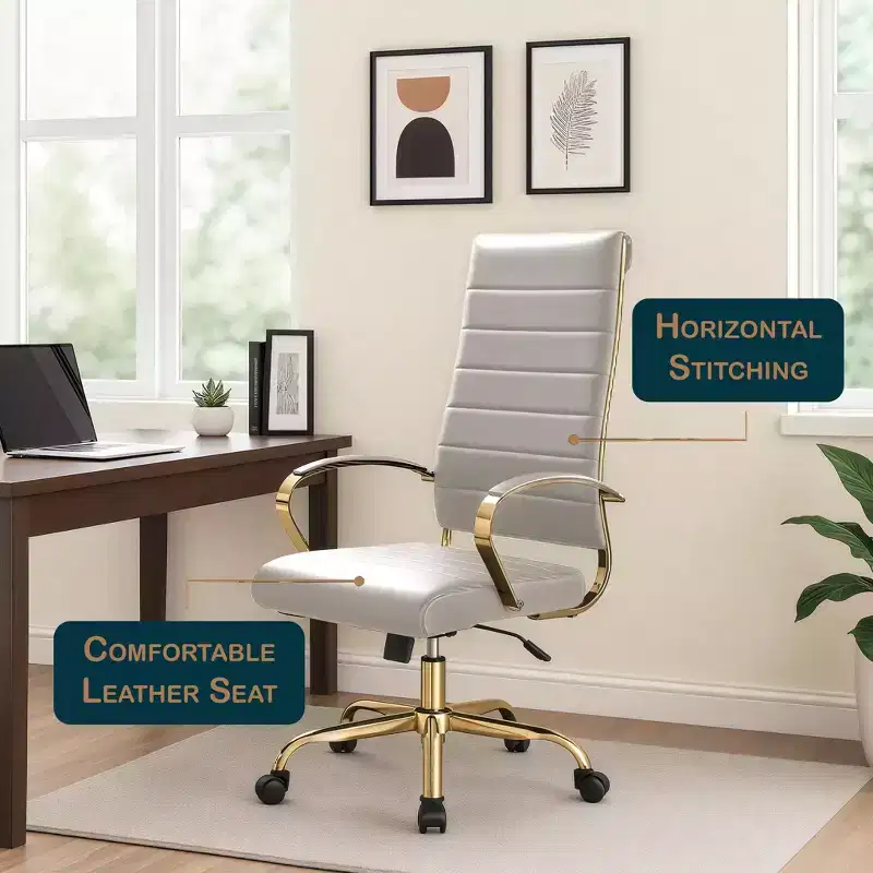LeisureMod Benmar High-Back Ribbed Leather Office Chair - Modern Swivel & Tilt Executive Desk Chair - Gold Base