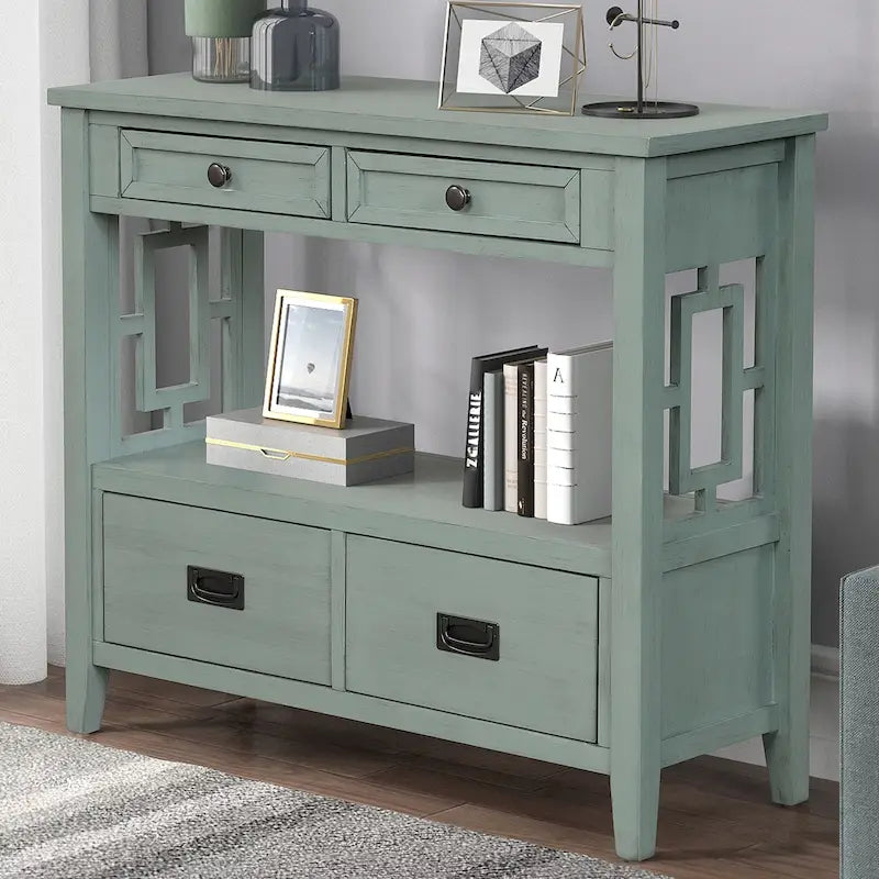 36 in. Farmhouse Pine Wood Console Table with 4 Drawers and Open Shelf