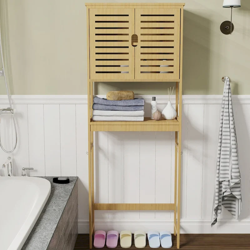 Over-The-Toilet Storage Rack with Shelves and Cabinet Doors