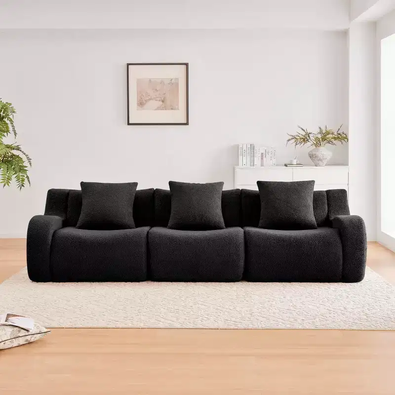 Modern Modular Sectional Sofa with Curved Armrest, Teddy Fabric 3-Seater Deep Seat Cloud Sofa for Living Room & Bedroom, No Assembly-Panipeachy