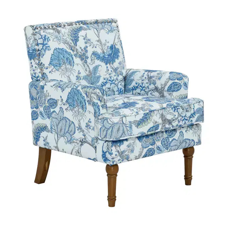 Zeus & Ruta Floral Upholstered Accent Chair with Nailhead Trim, Solid Wood Legs