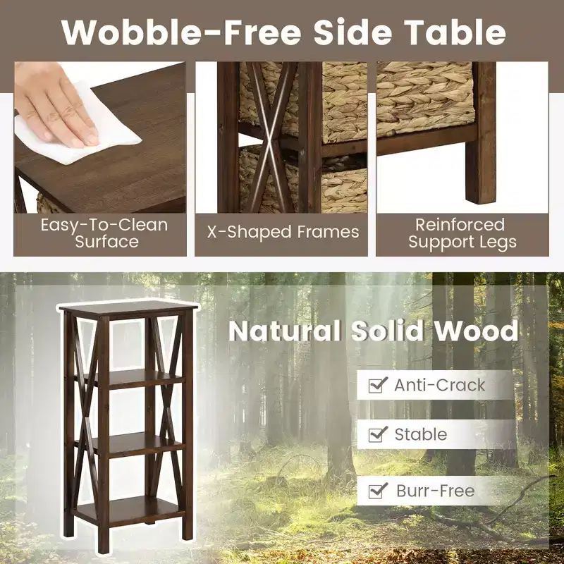 Costway 1/2 PCS 3-Tier Nightstand with 3 Seagrass Baskets Rubber Wood X-Shaped Frames 3 Drawers