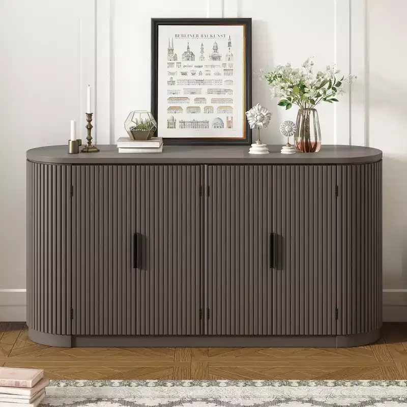 Clihome Vertical Striped Door Storage Cabinet with Metal Handles and Adjustable Shelves for Dining Room Storage, Modern Living Room Cabinet