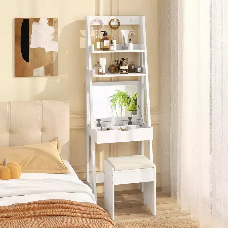 Costway Vanity Desk w/ Flip-up Mirror and Stool w/ 3-Color Lighting 6 Compartments
