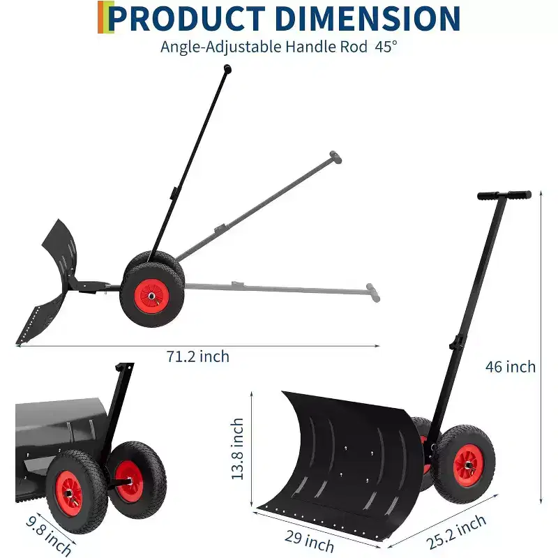 Acekool Large Snow Shovel Pusher with Wheels, 30 or 40 Wide Metal Blade, Adjustable Angle & Height Handle, Double Rod, Driveway & Walkway