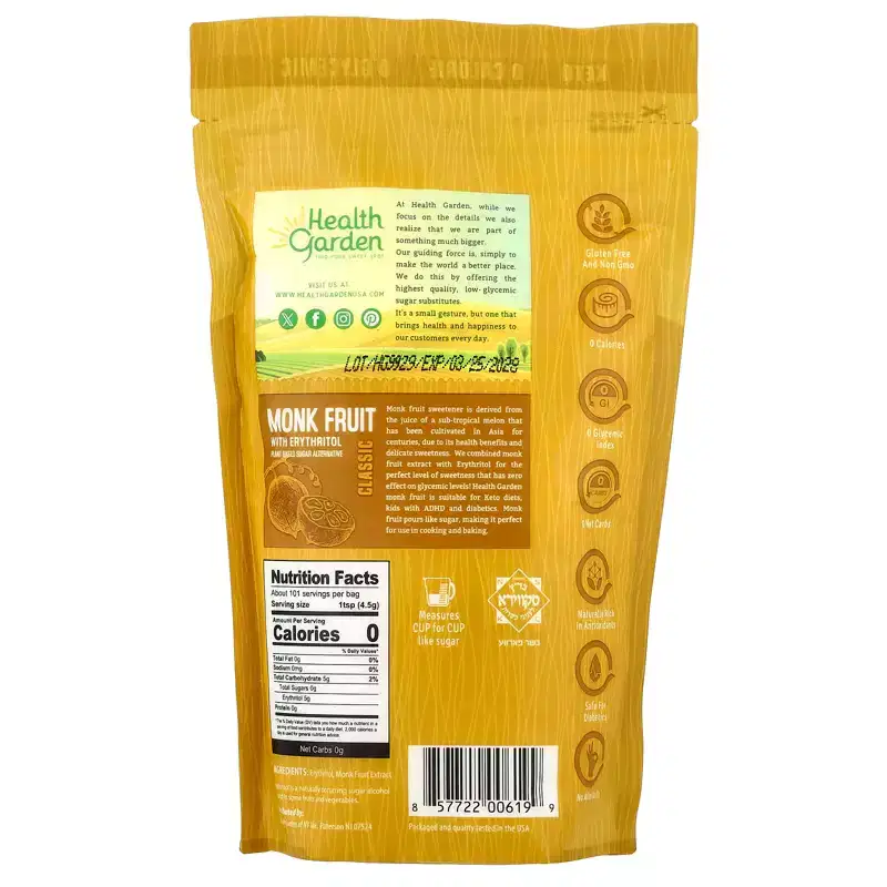 Health Garden Monk Fruit With Erythritol, Classic, 16 oz (454 g)