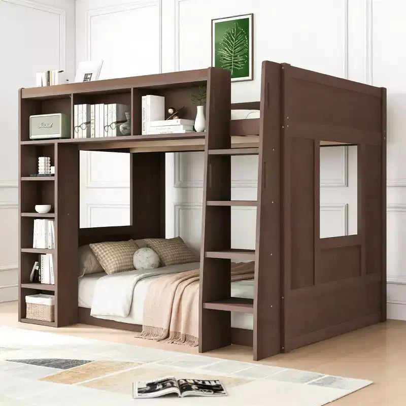 Luxystar Queen Wood Loft Bed with 8 Storage Shelves for Apartment