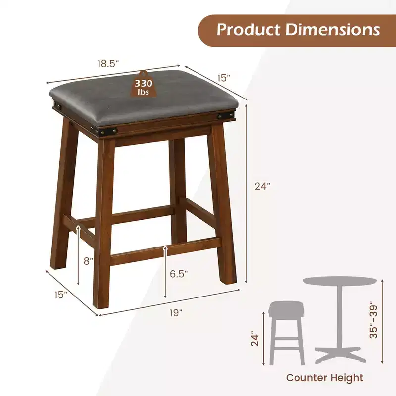 Costway 24'' Dining Bar Stool Set of 2 Counter Height Padded Seat Wood Frame Kitchen Brown/White