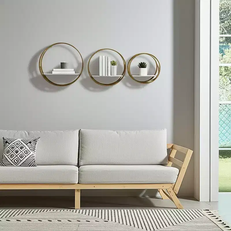 Modern Metal Wall Storage Shelves - Round Floating Display Shelves with Iron Frame & Wood Shelf - Home, Office, Room Decor - Set of 3, White