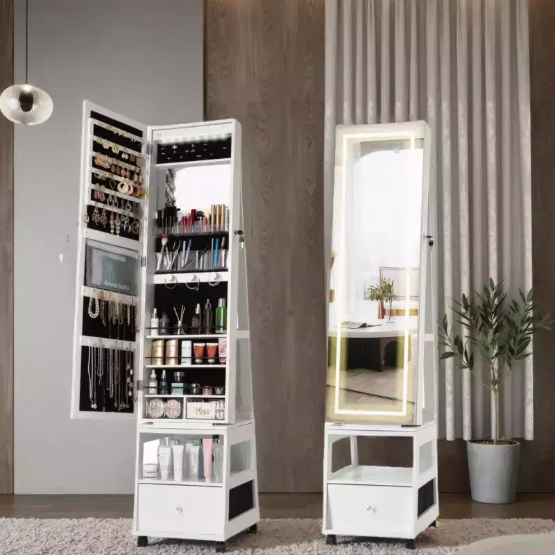 Acekool 360 Swivel Jewelry Armoire Cabinet with Mirror, Lighting & Storage, Matte White Organizer for Bedroom