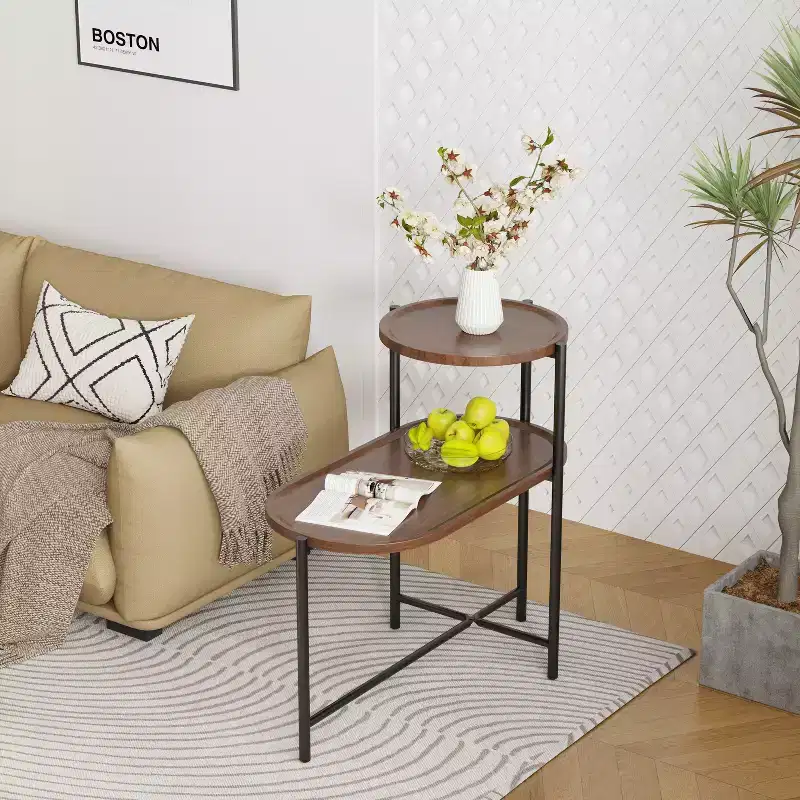 Walnut Brown 2-Tier Small Coffee Table, Wood Storage Shelf Metal Frame Sofa Side End Table for Living Room