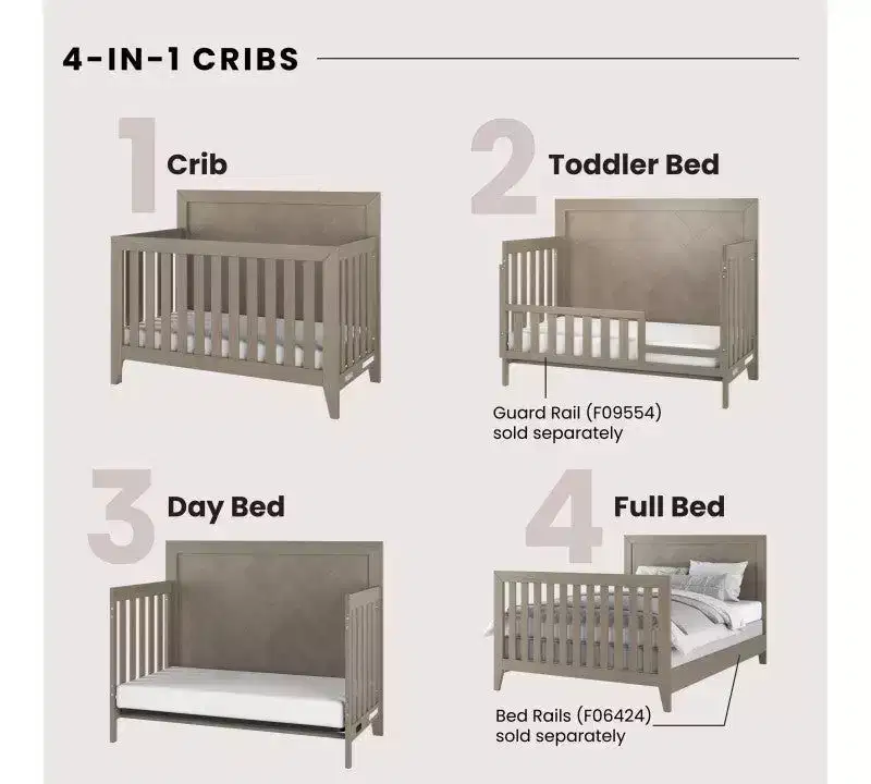 Child Craft Kieran 4-in-1 Convertible Crib, Double Dresser, Chest, and Nightstand 4-Piece Nursery Set