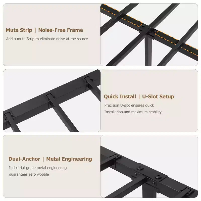 Industrial Metal Bed Frame, Noise-Free Platform with Under-Bed Storage and Circular Wood Design for Bedroom