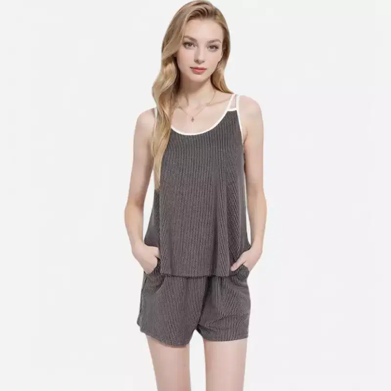Anna-Kaci Women's Ribbed Lounge Set with Contrast Trim Sleeveless Top and Elastic Waist Shorts