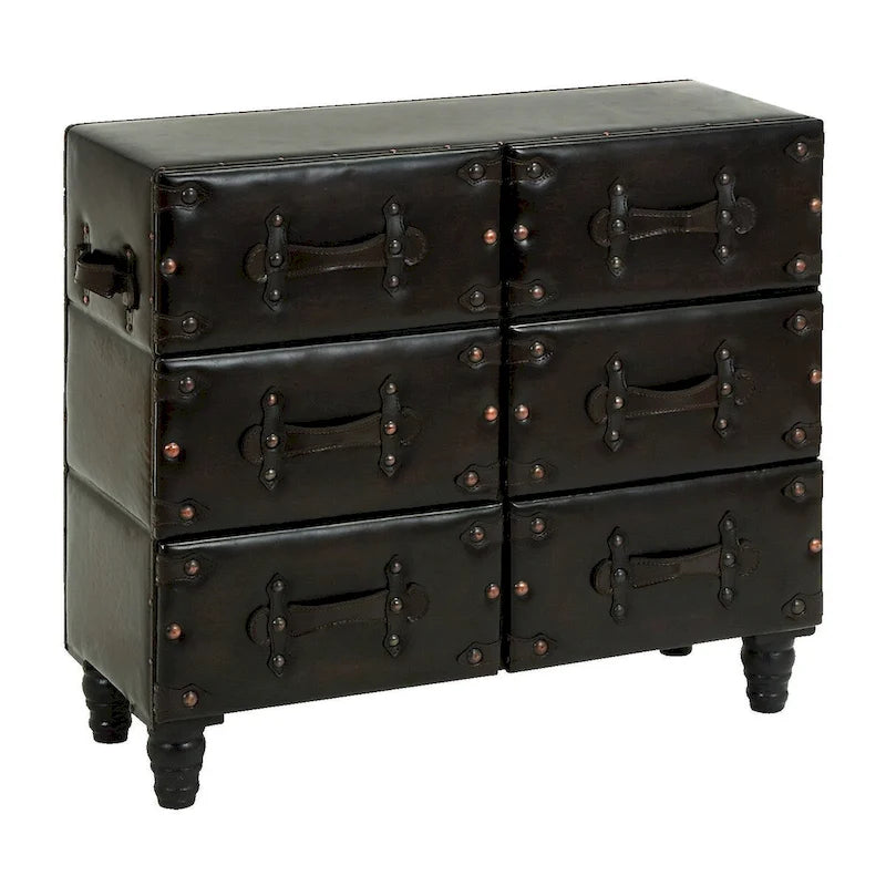 Wood Vintage Faux Leather Room Chest with Rivets and Straps Detailing