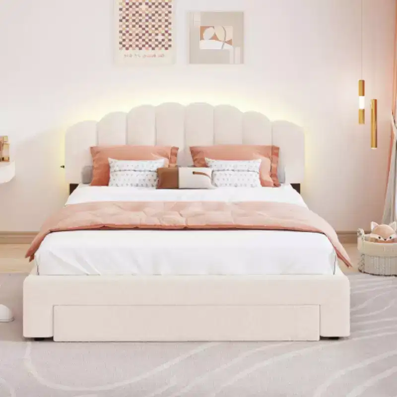 Beige Teddy Fleece Queen Size Upholstered Platform Bed Including a Drawer