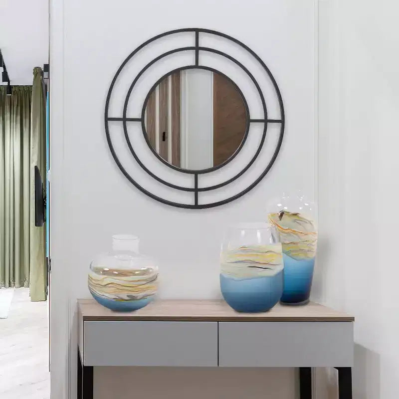 Howard Elliott 23" Round Wall Mirror with Geometric Iron Frame Matte Black: Modern Decor, No Assembly, Wall Mount