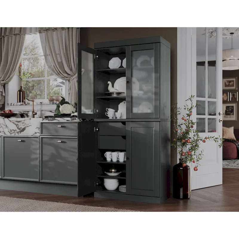 100% Solid Wood Pantry Cabinet with Frosted Glass Doors, Solid Doors, 2-Drawers and Adjustable Shelves