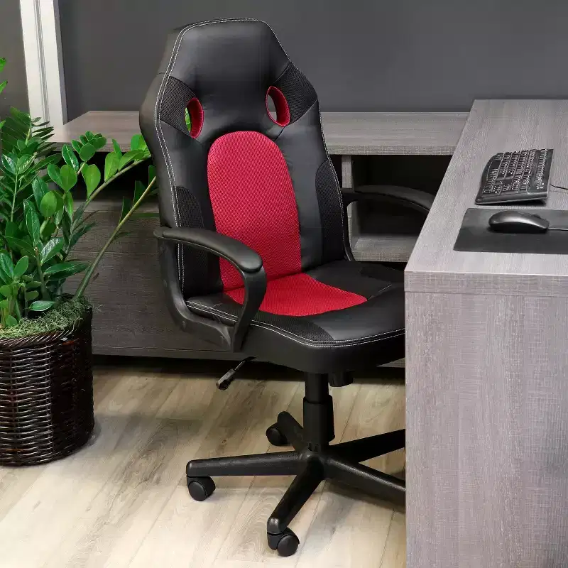 Elama High Back Adjustable Faux Leather and Mesh Office Chair in Black and Burgundy