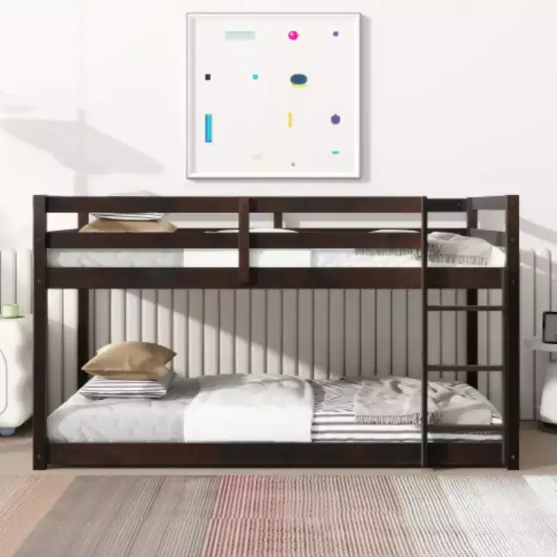 Twin over Twin Bunk Bed with Ladder, Reinforced Slat Platforms for Upper & Lower Beds