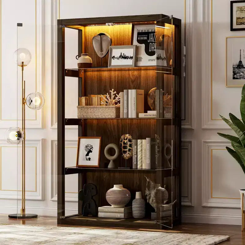 Glass Display Cabinet with LED Lights & Press-to-Open Doors �C 63H, Brown