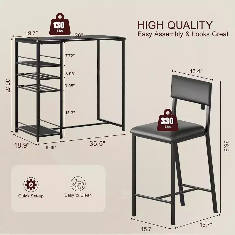 Fulvari Set for 2 Dining Table with Open Storage Shelves, Cup Holder & Wine Rack, Bar Table and Chair for Apartments Kitchen Corners Small Space