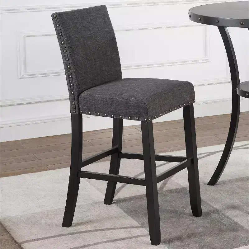 Biony 3-Piece 36 Round Espresso Finish Bar Table with 2 Gray Fabric Nail Head Pub Chairs