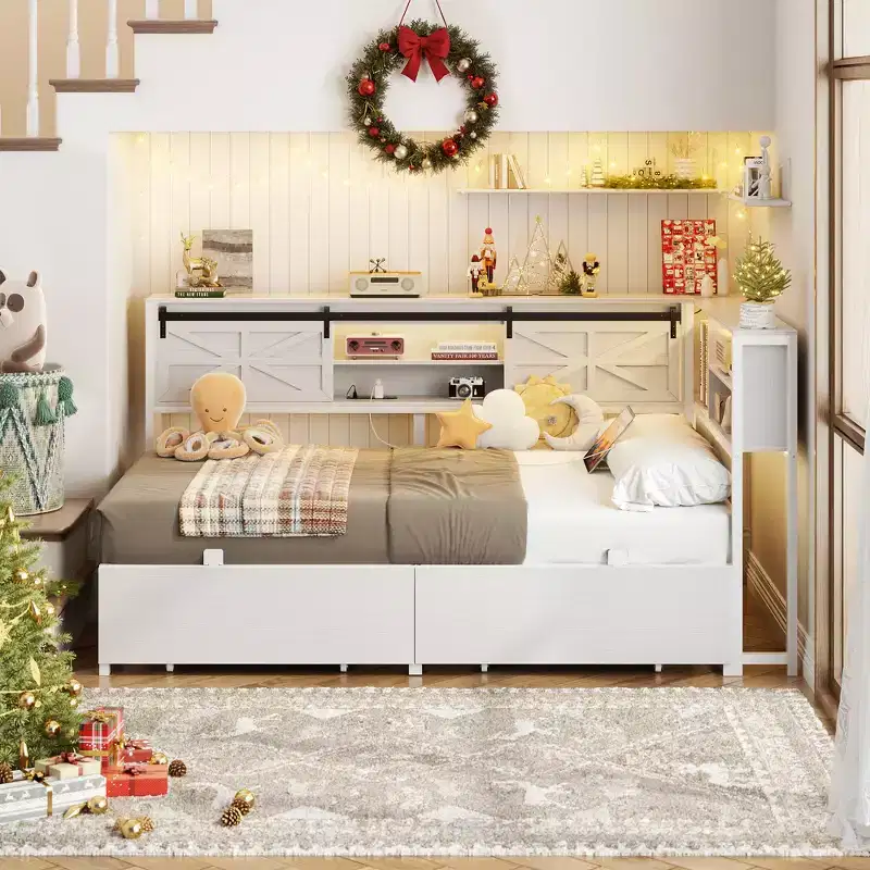 Besiost Bookcase Daybed with Wood Drawer, Corner Bed Frame with Sliding Door