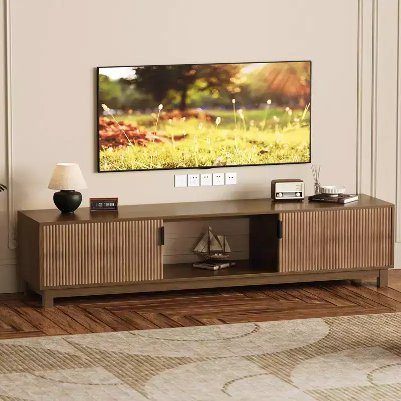 CuisinSmart Fluted Under TV Cabinet, Mid Century Modern TV Stand with Open-Shelf Storage, Wooden TV Stands for Living Room Apartment, Walnut