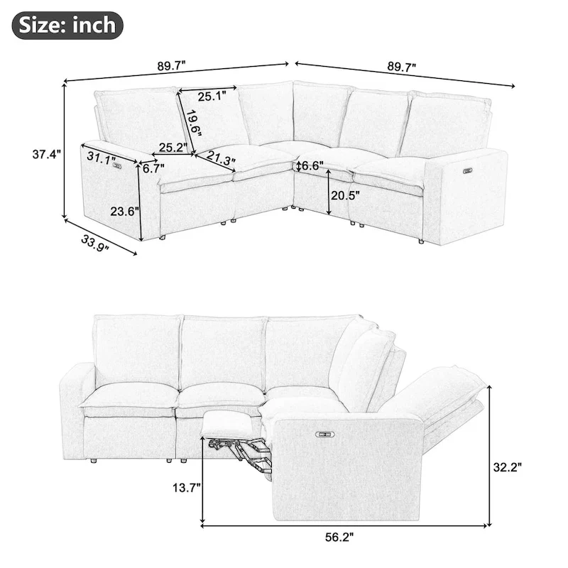 L-Shaped 5-Seater Power Recliner Sofa with USB Port
