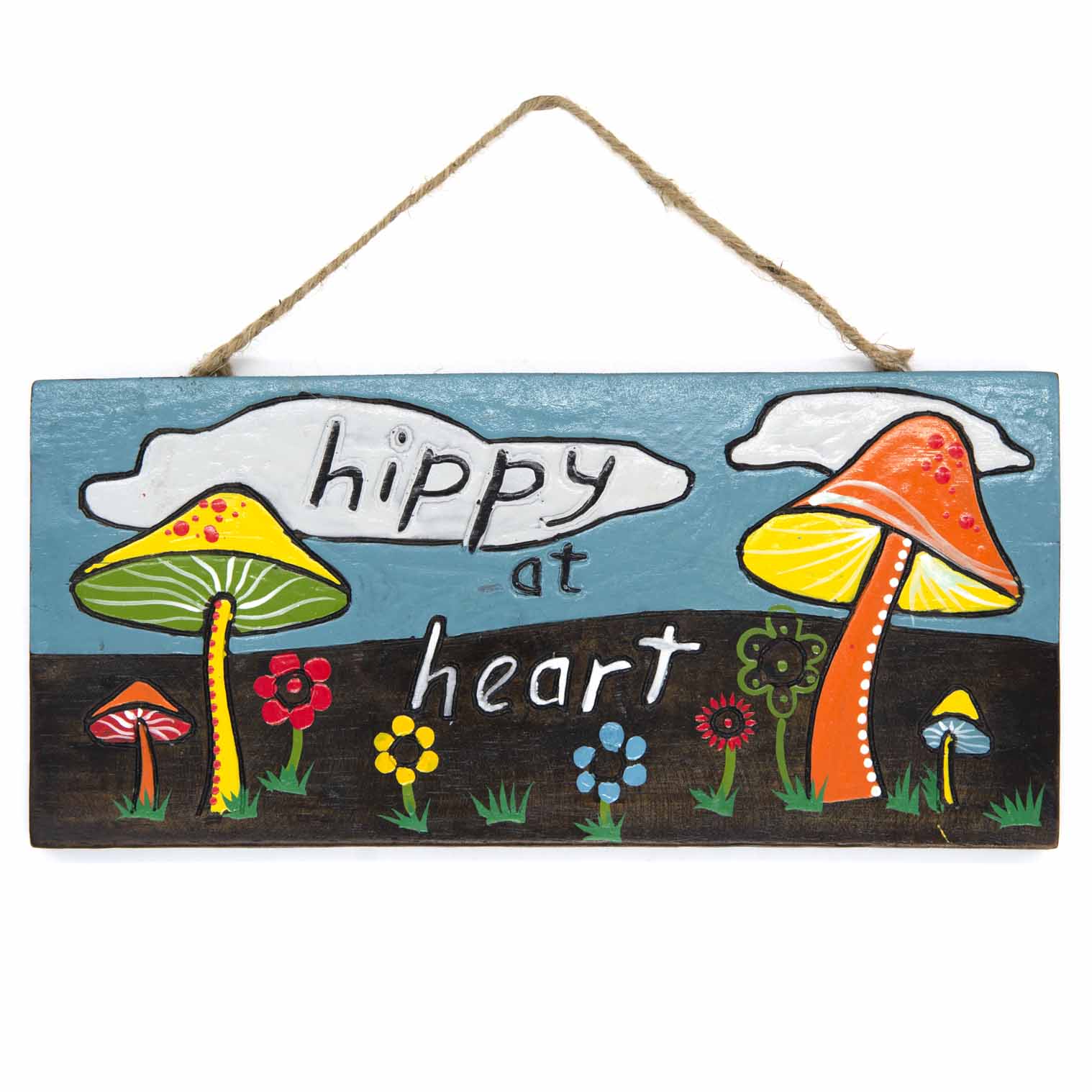 Hippy at Heart, Hand-Painted Mushroom Wood Hanging Plaque