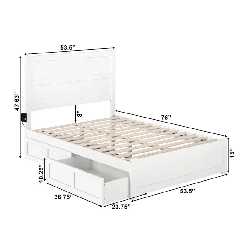 Full Platform Bed with Footboard, 2 Storage Drawers & Charging Station