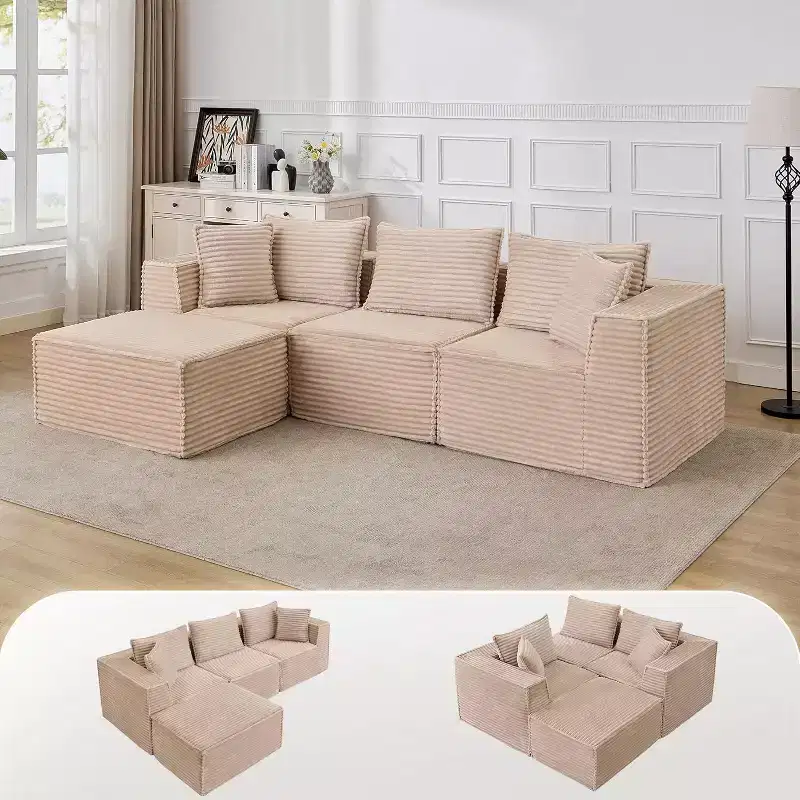 Modular Cloud Sectional Sofa w/Ottoman, No Assembly Corduroy Couch, Deep Seat u/l-Shape Sofa for Small Spaces, 4 Colors & Configurations