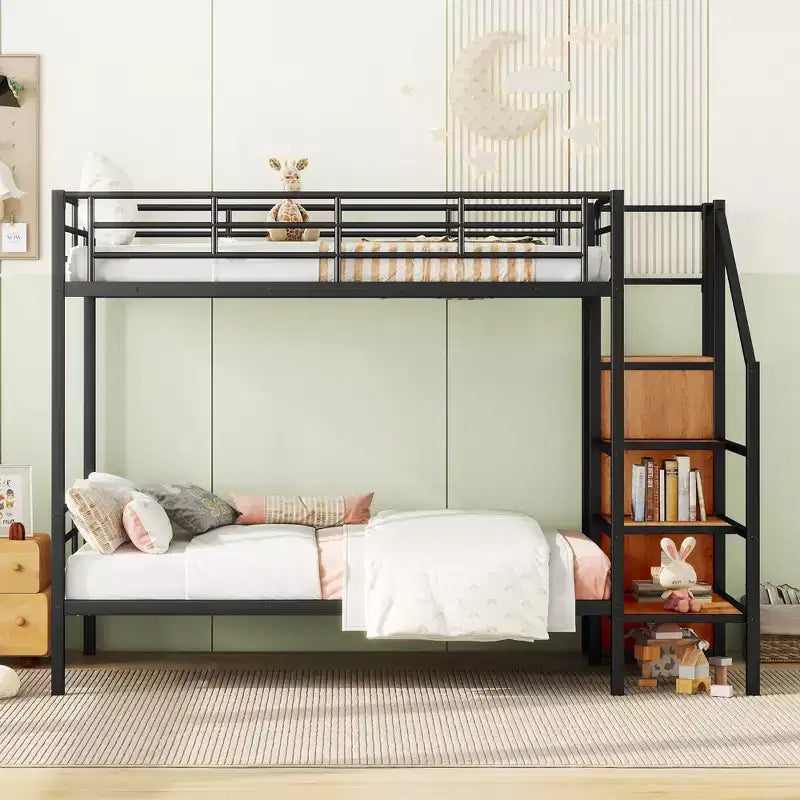 Whisen Stylish Design Metal Frame Bunk Bed with Lateral Storage Ladder and Wardrobe