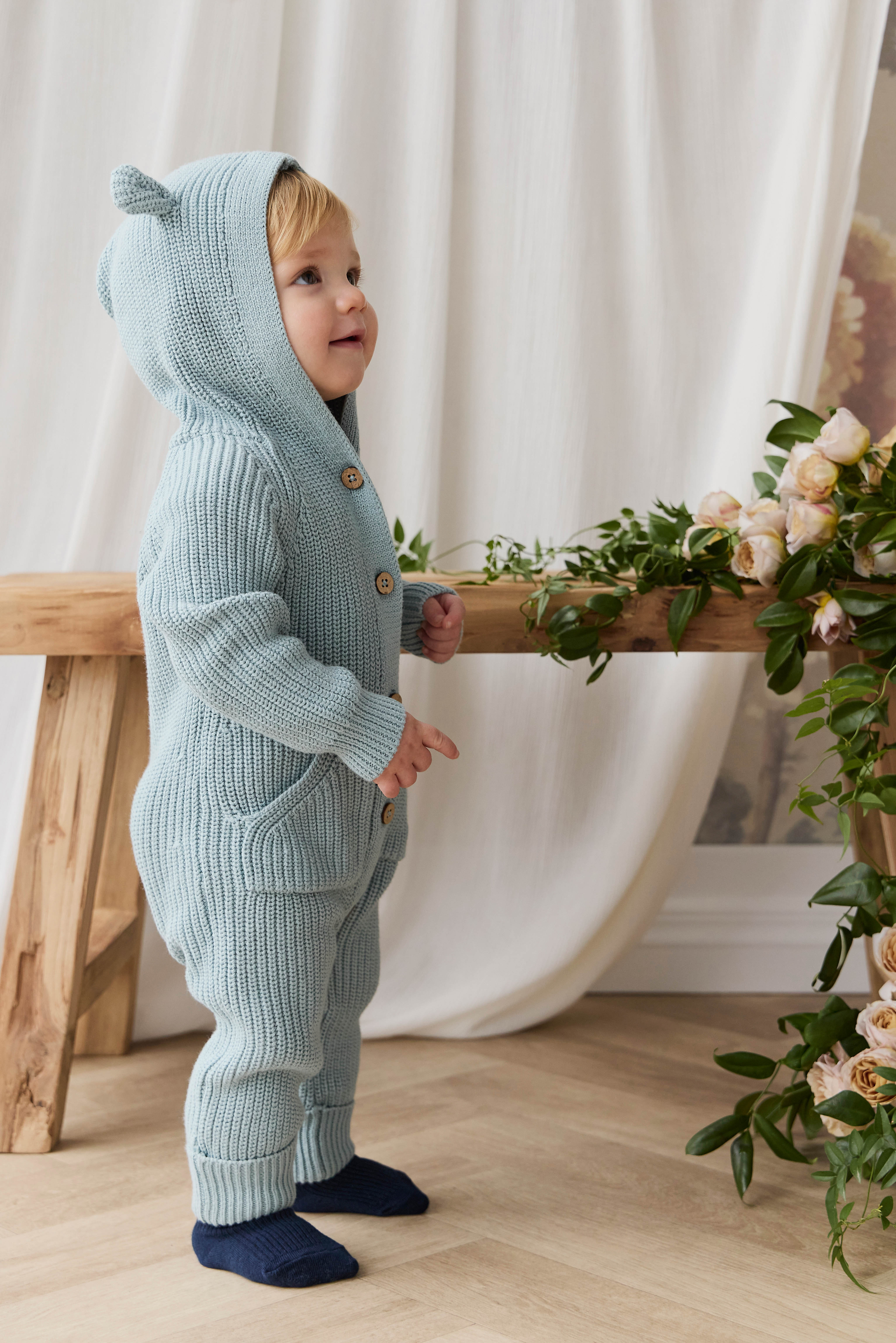 Playful Dusty Blue Bear Ear Hooded Cotton Knit Onepiece with Button-Down Front & Front Pockets for Baby Autumn-Winter (0�C3Y)