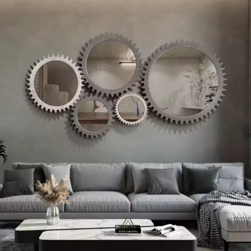 Vintage 26'' x 26'' Wall Wood Round Hanging Gear Shape Heavy Decorative Mirror For Bathroom Living Room Entryway Or Put Together To Your Liking