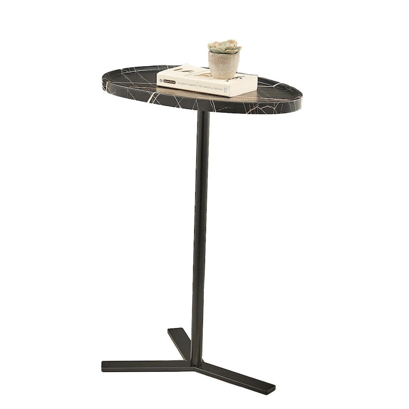 Carter Oval Teardrop Modern Raised Lip Edge Couch-Side Accent C-Table with Crossed Y-Shape Metal Pedestal Leg