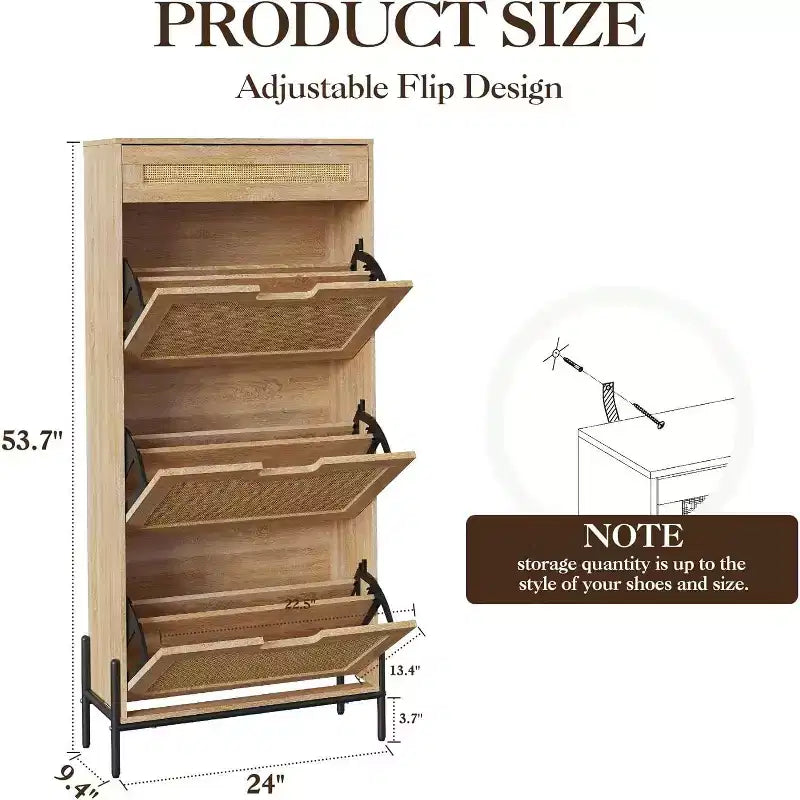 Natural Rattan 3 Flip-Door Shoe Cabinet with 1 Drawer & 3-Tier Adjustable Shelves, Freestanding Storage Organizer for Entryway, Hallway & Living Room