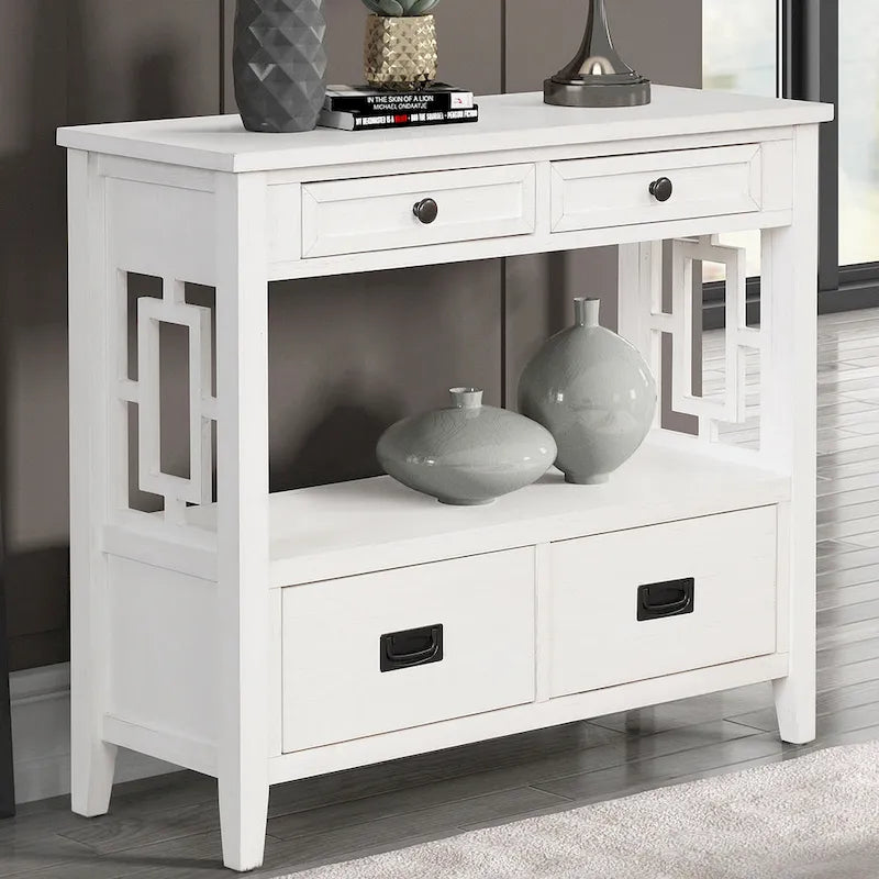 36 in. Farmhouse Pine Wood Console Table with 4 Drawers and Open Shelf