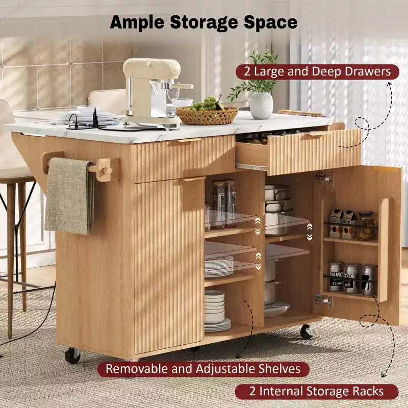 52-Inch Fluted Kitchen Island Cart with Power Outlet and Faux Marble Drop Leaf